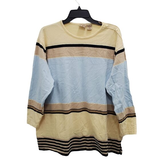 Mountain Lake II Woman's Yellow Blue Stripe Button Shoulder 3/4 Top Plus Size 2X - Picture 1 of 5